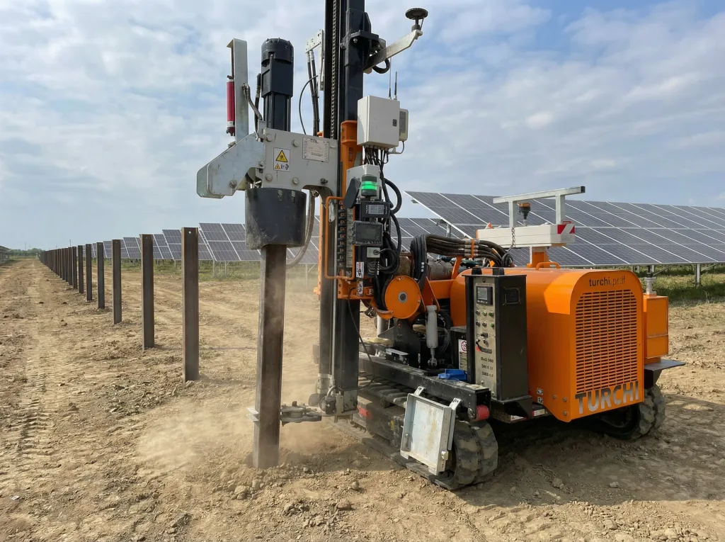 Infissione pali H su cantiere fotovoltaico