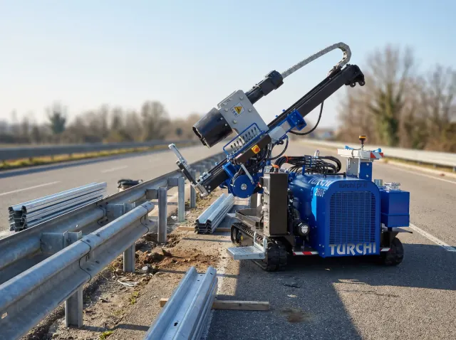 Battipalo TURCHI 260F durante l'infissione di pali sigma per guardrail lungo una strada