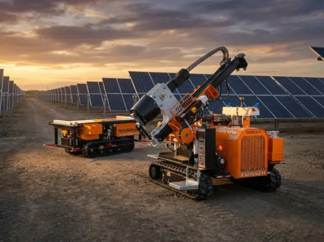 Battipalo TURCHI 300F e carretto portapali al tramonto su un impianto fotovoltaico
