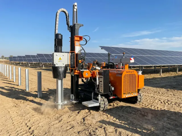 Battipalo semovente TURCHI 300F durante l'infissione di pali su un impianto fotovoltaico