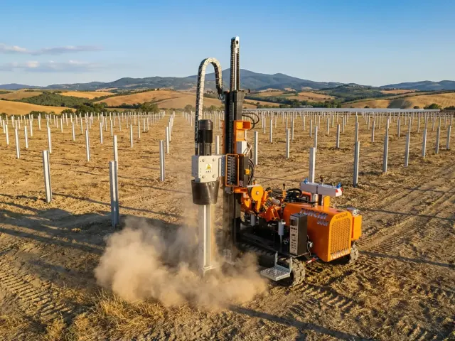Battipalo TURCHI 300F durante l'infissione di un palo su un campo fotovoltaico in costruzione