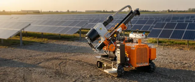 Colonna estesa di un battipalo TURCHI 300F per infissione di pali lunghi nel fotovoltaico